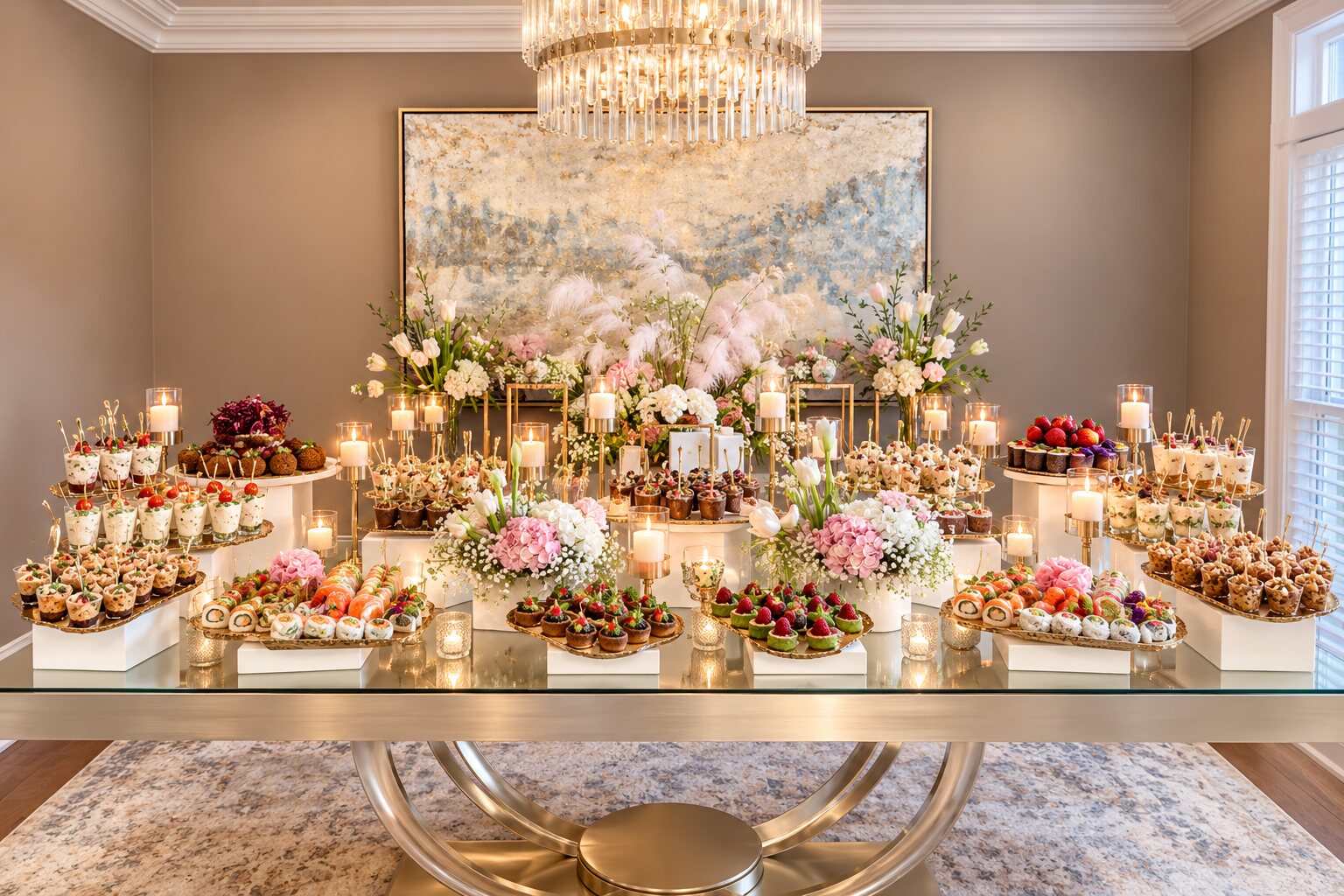 Tiered gold catering spread with sushi, berry tarts, mousse cups, blush hydrangeas and candles