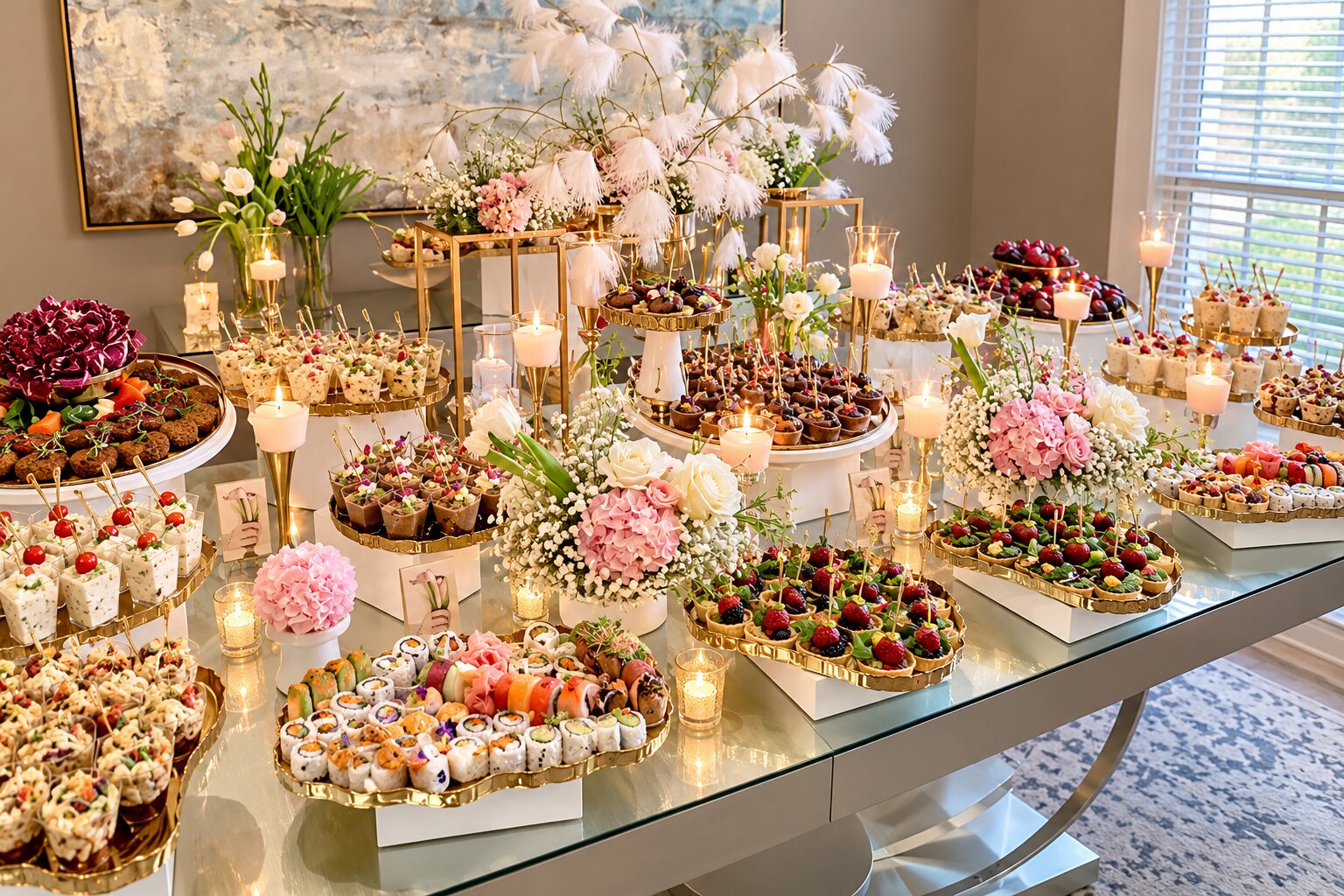 Tiered gold catering spread with sushi, berry tartlets, dessert cups and pink hydrangeas lit by candles
