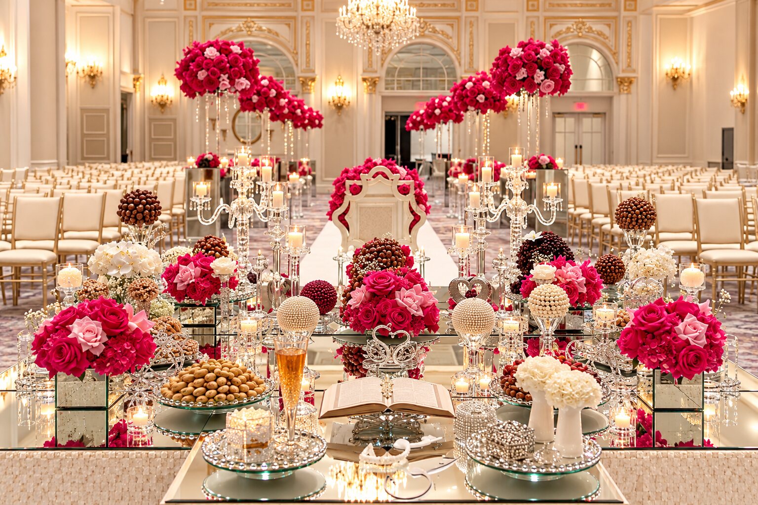 Persian Sofreh Aghd on mirrored tables with hot pink florals, crystal candelabras and an open book facing the ceremony aisle