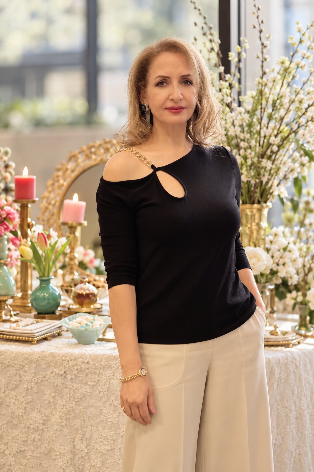 Susan beside a softly lit celebration table with candles, a gold mirror and fresh tulips