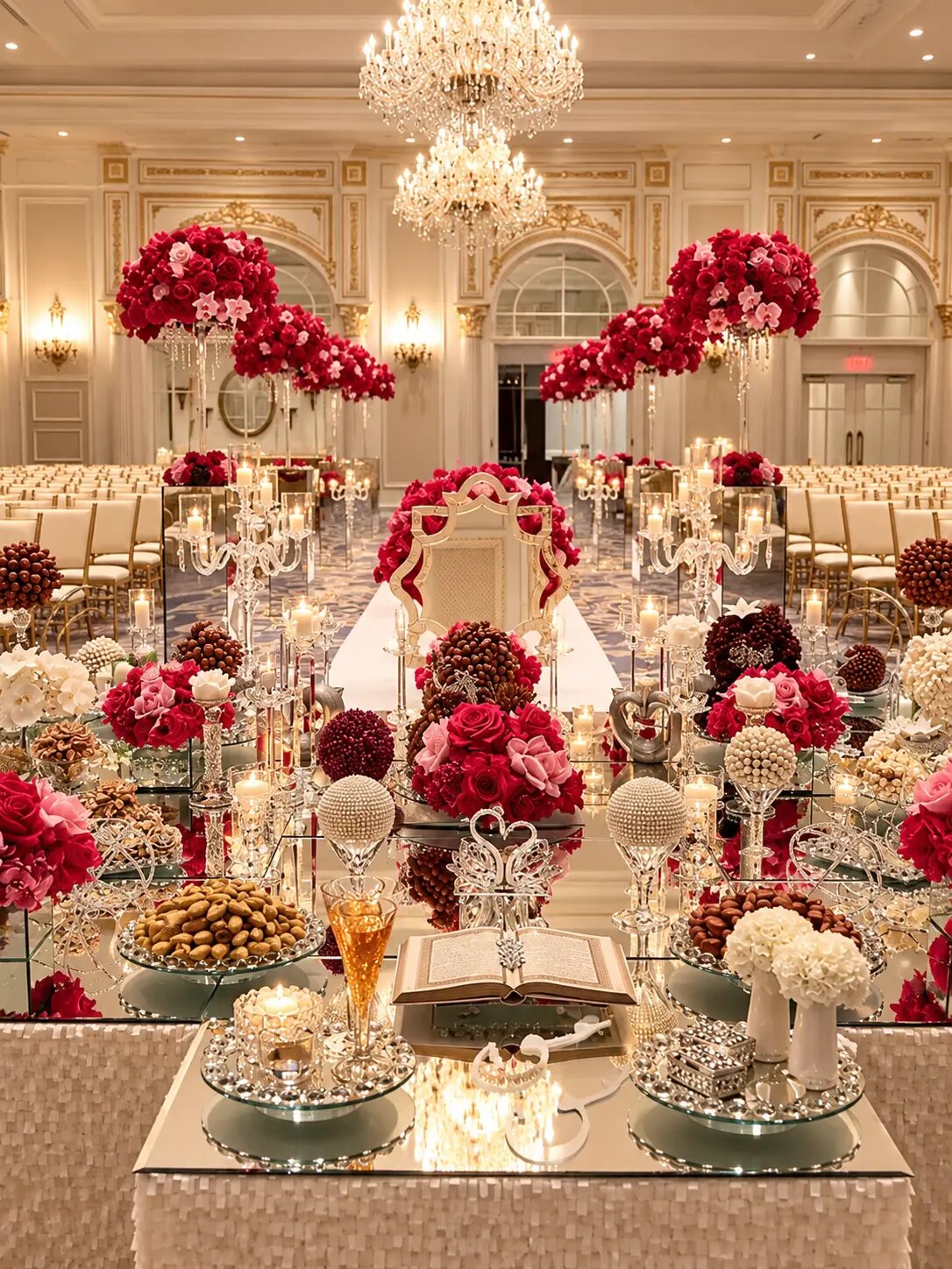 Persian Sofreh Aghd on a tiered mirror table with an open book, crystal candelabras and crimson rose arrangements in a gilded ballroom