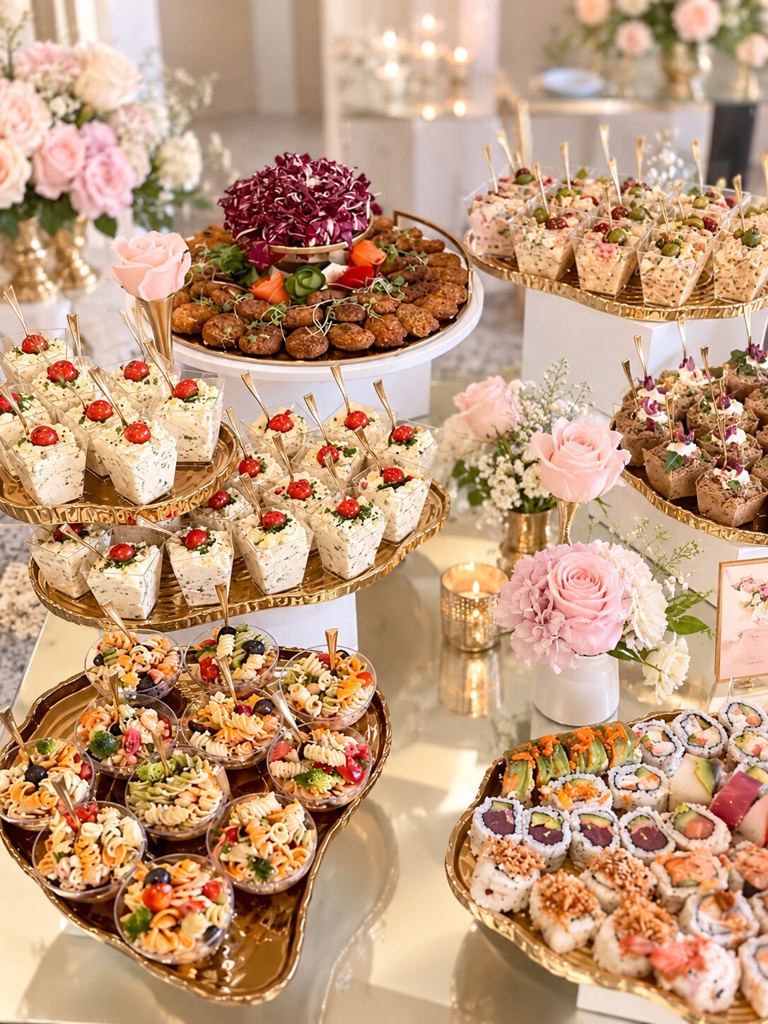 Gold catering display with tiered trays of appetizer cups, sushi platter, pasta salad bowls, pink roses and a lit gold candle