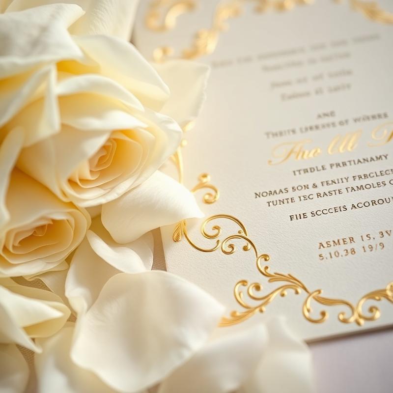 Cream wedding invitation with gold foil detail beside white rose petals